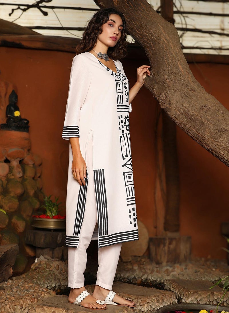 QISSA Women's Daisy White & Onyx Black Indie Lines Kurta Set For Casual Wear | Round Neck | Quarter Regular Sleeves | 2 Piece Kurta Set Designed With Comfort Fit For Everyday Ethnic Wear - Image 3
